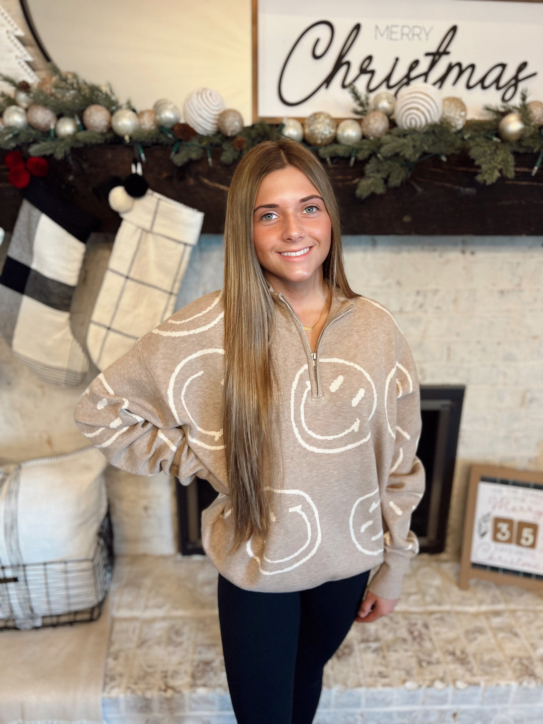 Smiley Graphic Half Zip Sweater