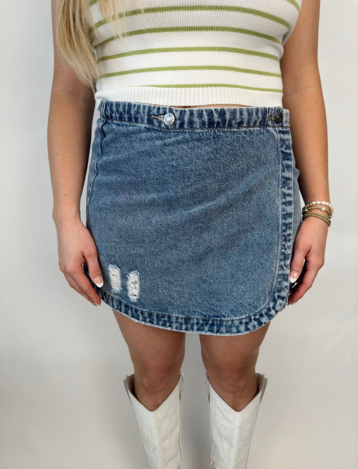 Stone Washed Wrap Mini Skirt