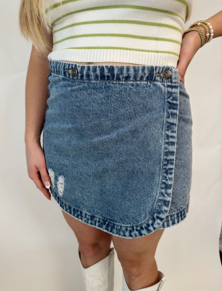 Stone Washed Wrap Mini Skirt