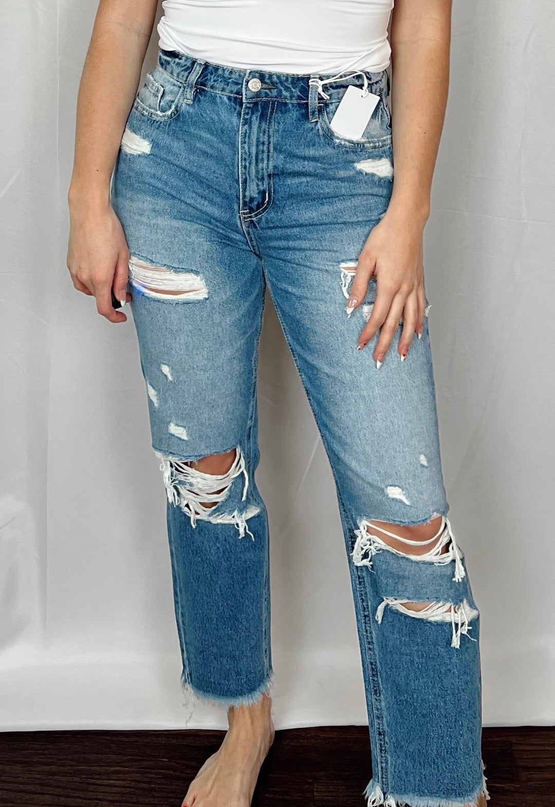 SELONE Denim Jeans for Women Trendy With Pockets Denim Ripped Summer Long  Pant Straight Leg Fashion Button Zipper Mid Waist Full Length Pants for